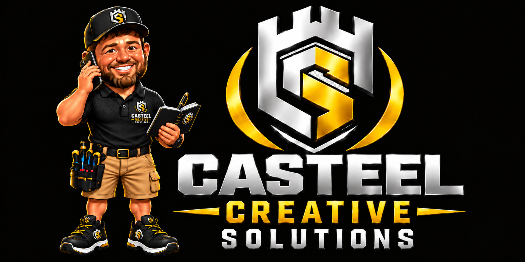 Chase answering the phone beside the Casteel Creative Solutions logo