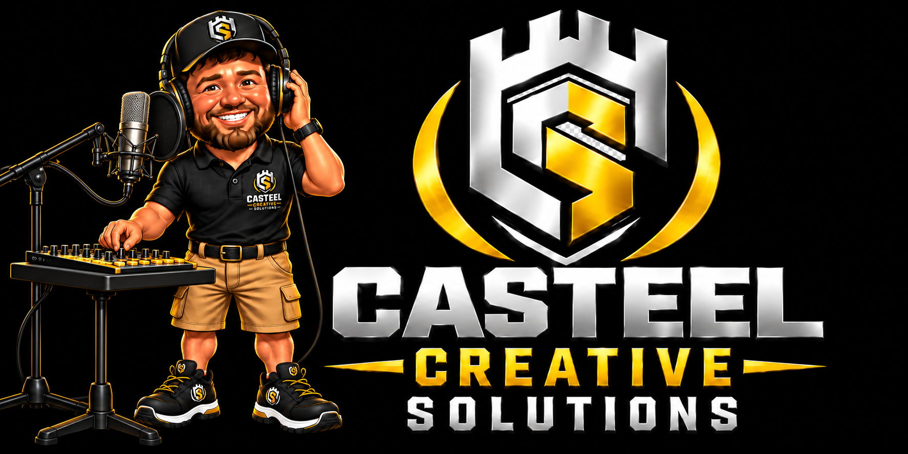 Chase recording at a studio microphone beside the Casteel Creative Solutions logo