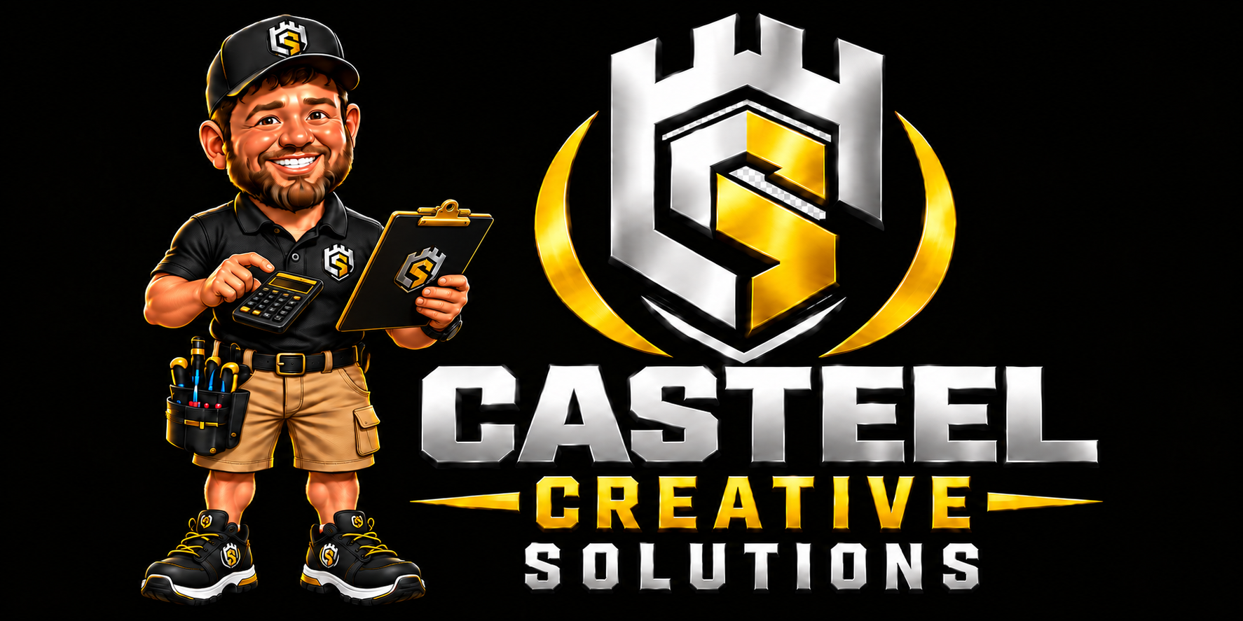 Chase reviewing prices with a calculator beside the Casteel Creative Solutions logo