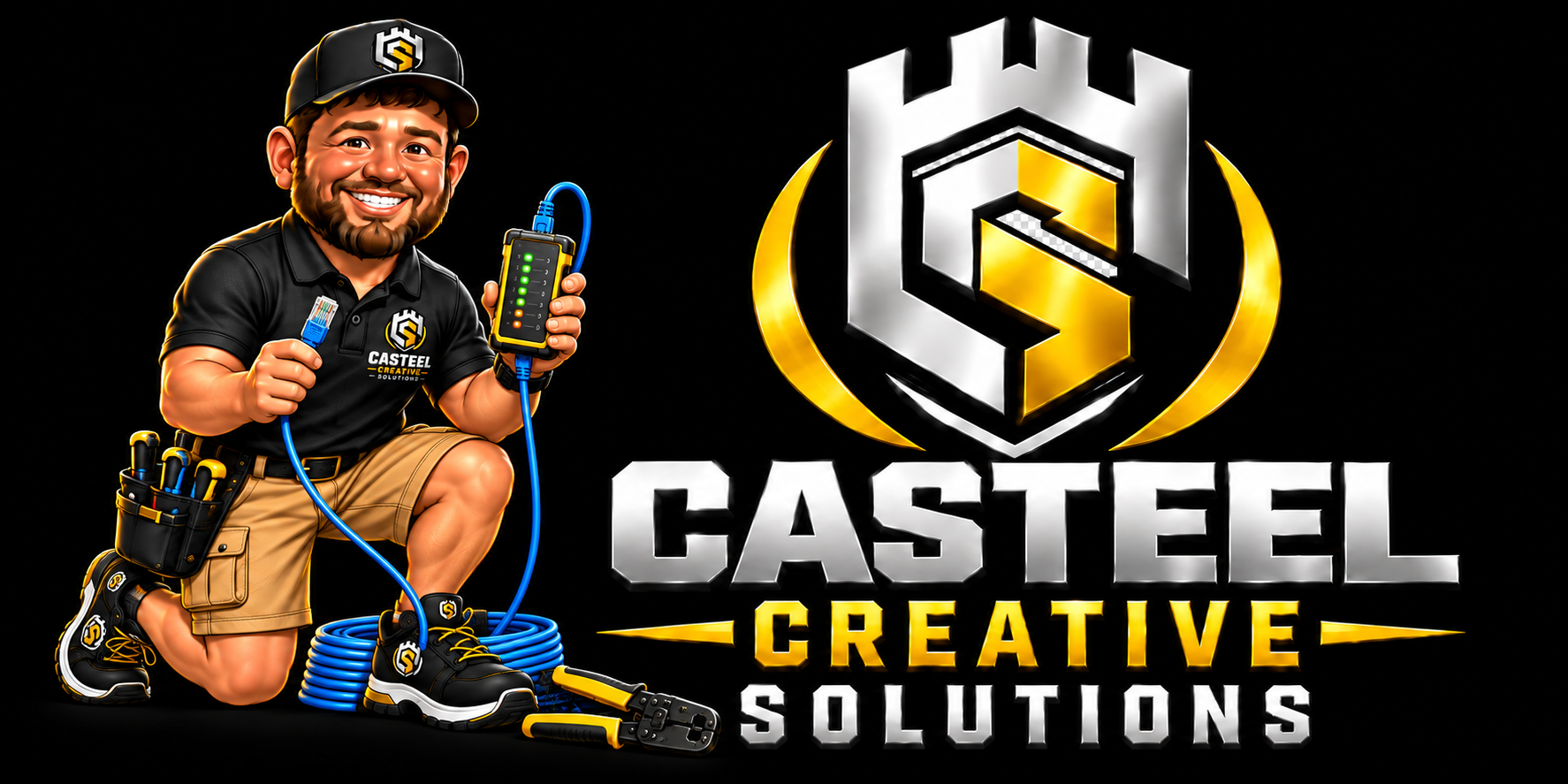 Chase testing an Ethernet cable beside the Casteel Creative Solutions logo